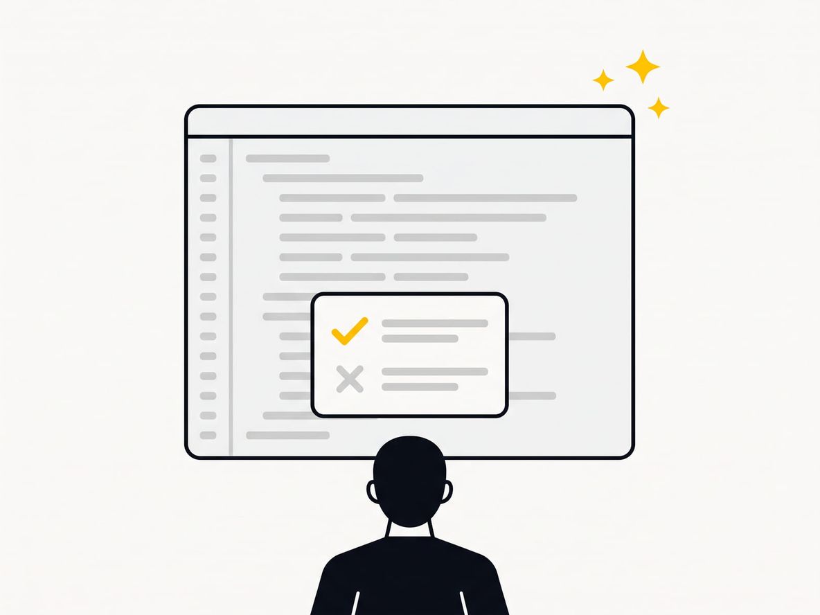 Illustration of a code editor with a floating suggestion card — one suggestion accepted with a yellow checkmark, the next rejected — as a developer reviews it.