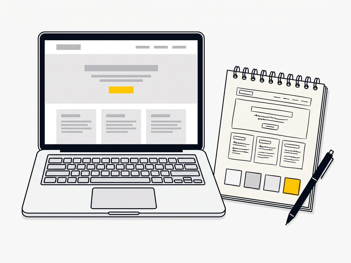 Illustration of a designer’s desk: a laptop showing a clean homepage layout, a sketchpad with the matching wireframe, and a row of color swatches.