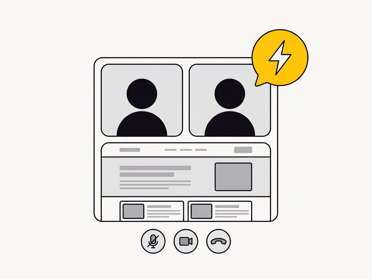 Illustration of a video call between two people reviewing a live website together on a shared screen, with a yellow lightning-bolt chat bubble.