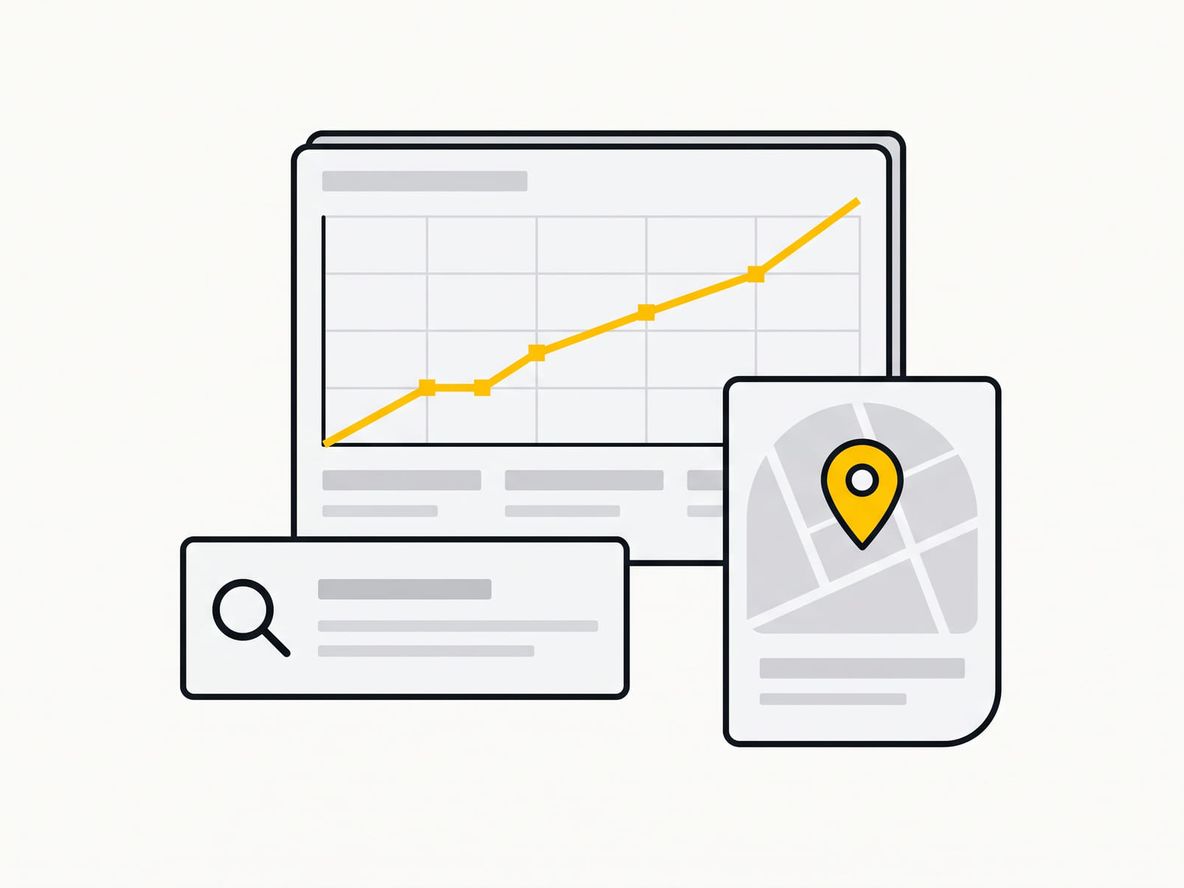Illustration of an analytics dashboard: a keyword ranking chart trending upward in yellow, a search result card, and a local map pin.