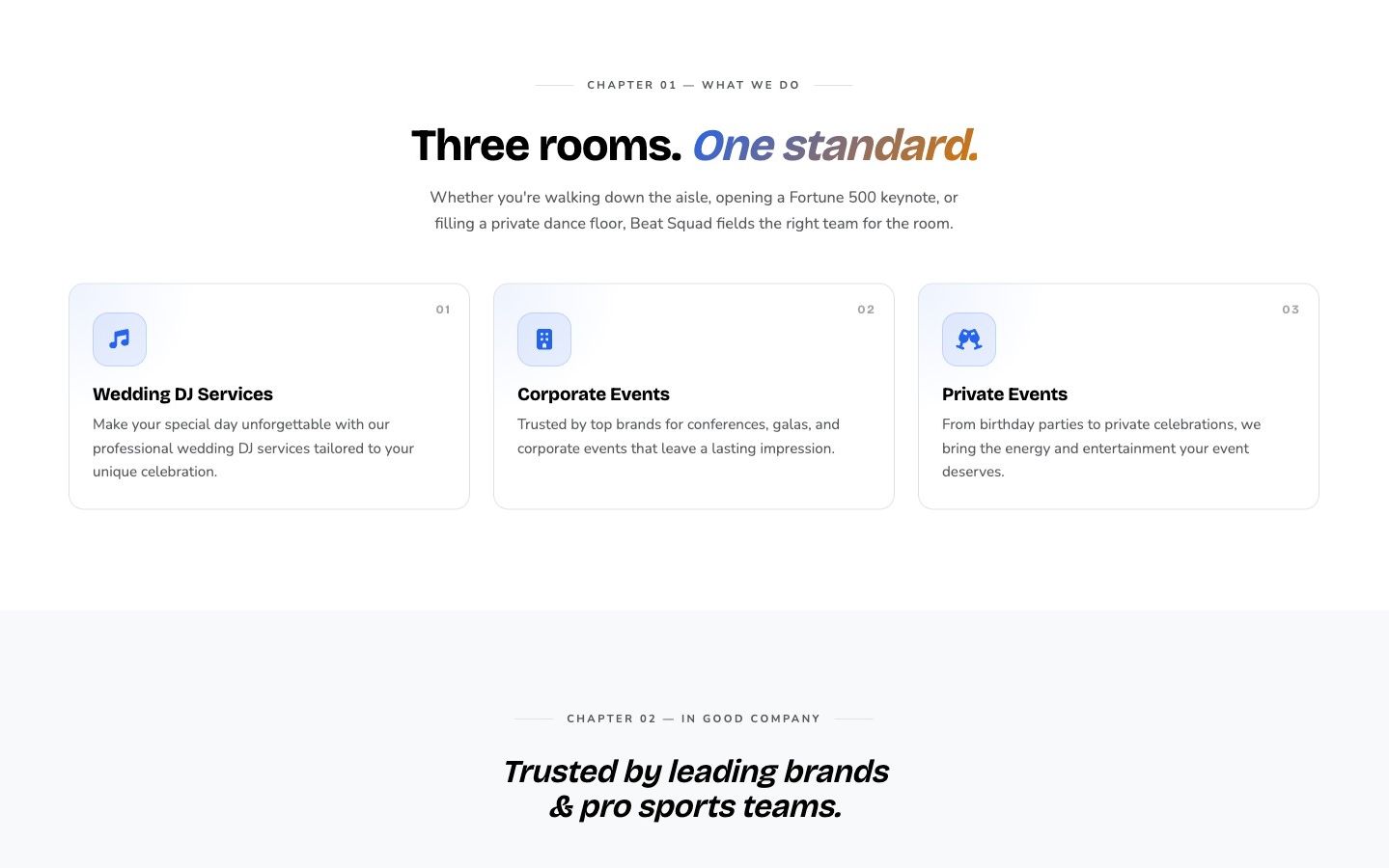 Beat Squad services section — 'Three rooms. One standard.' with cards for Wedding DJ Services, Corporate Events, and Private Events.
