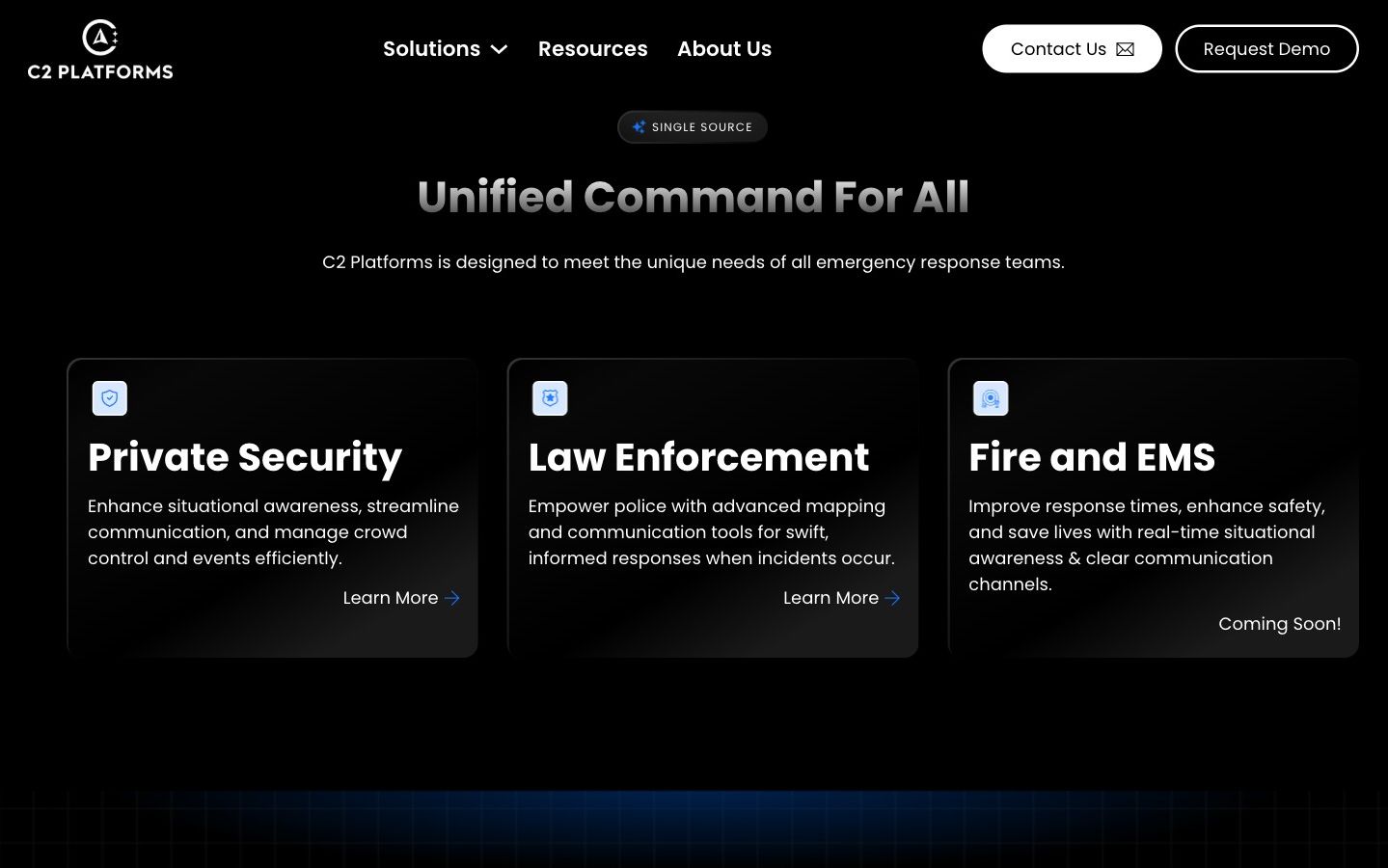 C2 Platforms solutions section — 'Unified Command For All' with cards for Private Security, Law Enforcement, and Fire and EMS.