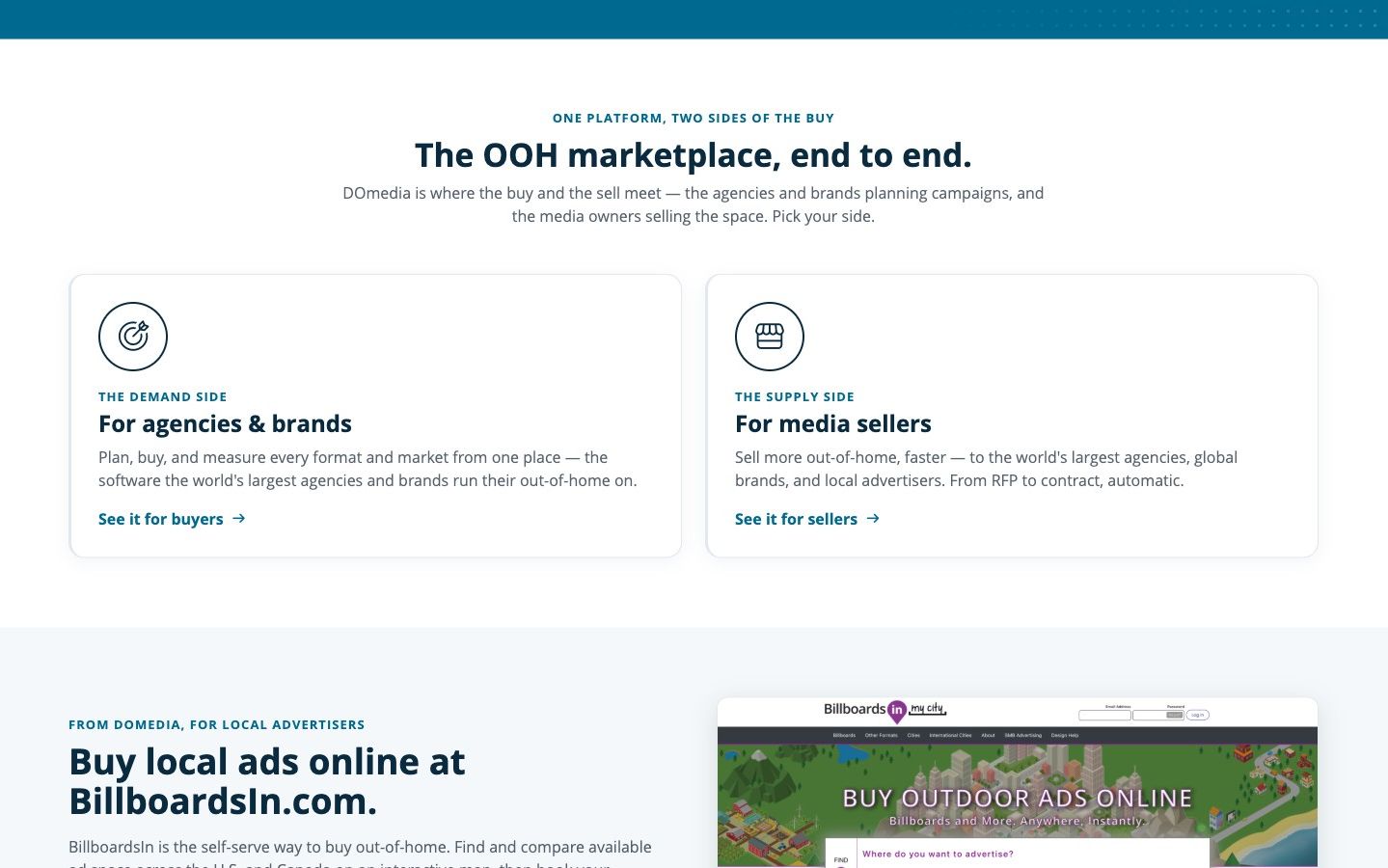 DOmedia marketplace section — 'The OOH marketplace, end to end.' with side-by-side cards for agencies and brands on the demand side and media sellers on the supply side.