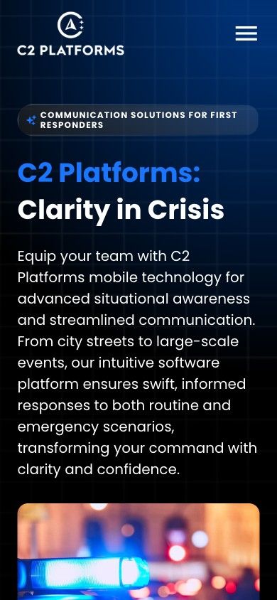 C2 Platforms homepage on mobile — the 'Clarity in Crisis' hero stacked into a single column above first-responder photography.