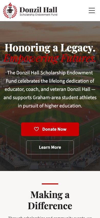 Donzil Hall Scholarship homepage on mobile — the memorial hero stacked into one column above the Donate Now button.